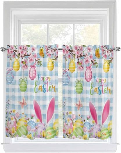Happy Easter Kitchen Curtains 54 Inches length, Spring Watercolor Bunny Eggs Flower Blue Plaid Window Treatment Curtain Drapes, Thermal Insulated Drapes for Basement Hotel RV, 42"x54", 2 Panels