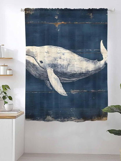 Sheer Curtains 72 Inches Long, Ocean Vintage Whale Semi Sheer Curtains Light Filtering Window Treatment, Summer Retro Wood Grain Privacy Voile Drapes for Living Room Bedroom 52x72 Inch