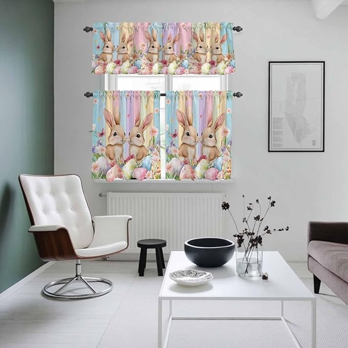 Easter Kitchen Curtains Set 3 Piece for Windows, Rod Pocket Valance and Tier Set 36 Inch Length, Spring Bunny Eggs Botanical Floral Wooden Grain Light Filtering Cafe Curtains for Living Room Bathroom