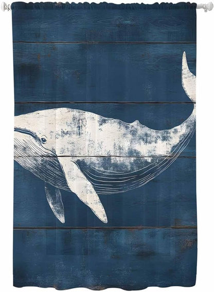 Sheer Curtains 63 Inch Length, Summer Whale Semi Sheer Curtains Light Filtering Window Treatment, Ocean Vintage Wooden Grain Blue Privacy Voile Drapes for Living Room Bedroom 52x63 Inch