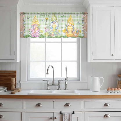 Easter Sheer Valances for Windows 54"x18", Light Filtering Kitchen Curtains Valance, Gnomes Flowers Duck Eggs Green Lattice Wooden Rod Pocket Chiffon Curtains for Living Room Bedroom Cafe
