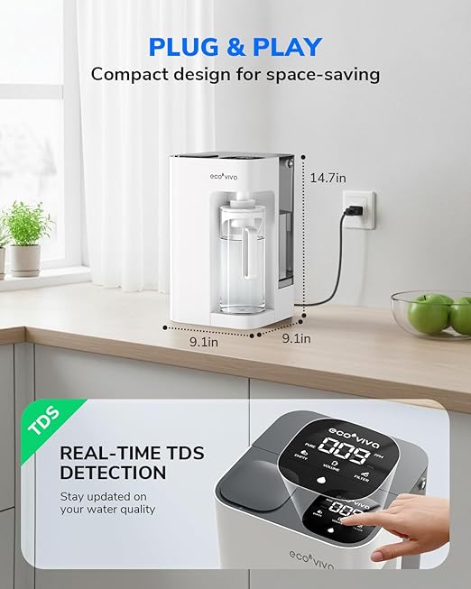 Ecoviva Mate 3 Countertop Reverse Osmosis Water Filter, 8-Stage RO Water Filtration System with 44oz Water Pitcher Smart Auto-Filling, 3:1 Pure to Drain, NSF Certified Tabletop Purifier, White