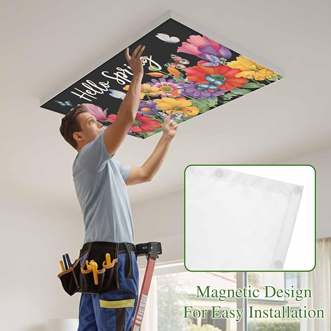 Fluorescent Light Covers for Ceiling Lights Hello Spring Magnetic Light Filters 3 Pack 4x2 ft Butterfly Colorful Spring Floral Ceiling Lights Cover for Classroom Office School Home Drop Lamp Decor