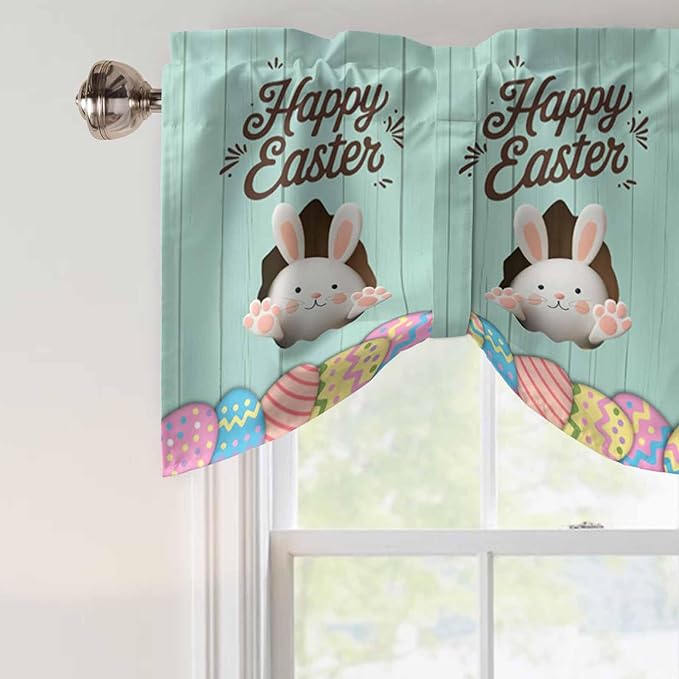 Green Easter Tie Up Valance Curtains for Windows, Kitchen Curtains Window Shades, Spring Cartoon Bunny Colorful Eggs Wood Grain Light Filtering Roman Curtain Valances for Bedroom/Bathroom/Cafe 42"x18"