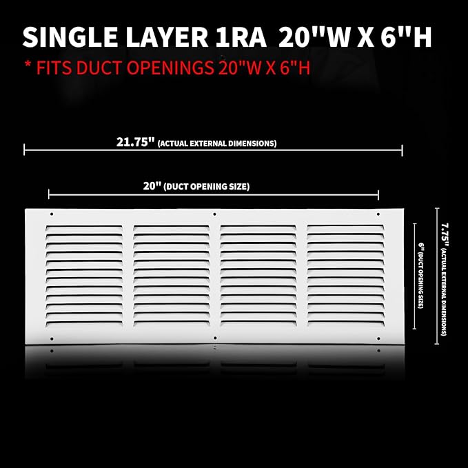 20x6 Air Register(Duct Opening Size),Air Return Vent Cover,Flat Vent Cover,Rejillas De Aire Acondicionado para Casa,Return Air Grilles,Outer Dimensions:21.75"Wx7.75"H(20"W x 6"H, Duct Opening)