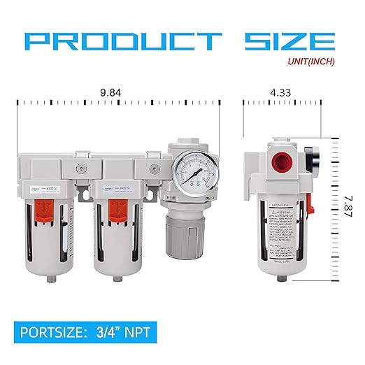 NANPU 3/4" NPT Air Drying System - Double Air Filters, Air Pressure Regulator Combo - Semi-Auto Drain, Poly Bowl