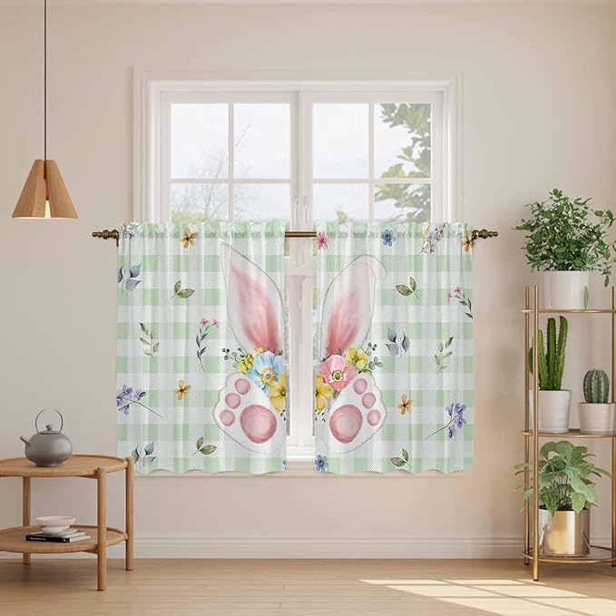 Easter Kitchen Curtains 45 Inch Long 2 Panel Set, Rod Pocket Window Treatment, Spring Bunny Ears Feet Flowers Green Plaid Light Filtering Panels Short Drapes for Bathroom Camper 42"W x 45"L