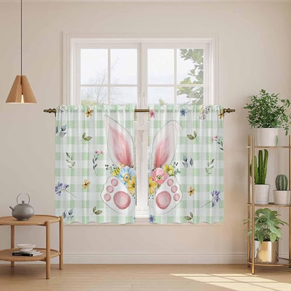 Easter Kitchen Curtains 45 Inch Long 2 Panel Set, Rod Pocket Window Treatment, Spring Bunny Ears Feet Flowers Green Plaid Light Filtering Short Curtains & Drapes for Bathroom Laundry 52"W x 45"L