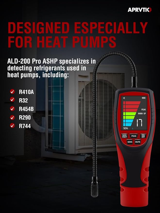Refrigerant Leak Detector for Air Source Heat Pumps, Aprvtio ALD-200 PRO ASHP Freon Leak Detector for R410A, R407C, R32, R1234ze.16 Inch Sensor Probe with 0.14oz./yr. Max. Sensitivity