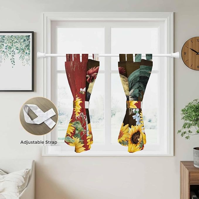 Chicken Sunflowers Bedroom Curtains 63 Inch Length, Window Curtains Tab Top, Farmhouse Animals Red Barn Bees Light Filtering Window Treatments Drapes 42"x63" 2 Panel