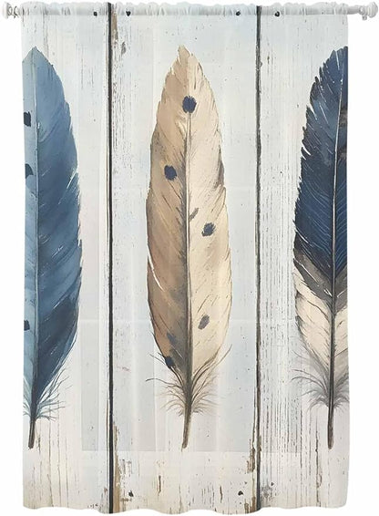 Sheer Curtains 63 Inch Length, Farmhouse Feather Semi Sheer Curtains Light Filtering Window Treatment, Watercolor Vintage Wooden Grain Privacy Voile Drapes for Living Room Bedroom 52x63 Inch