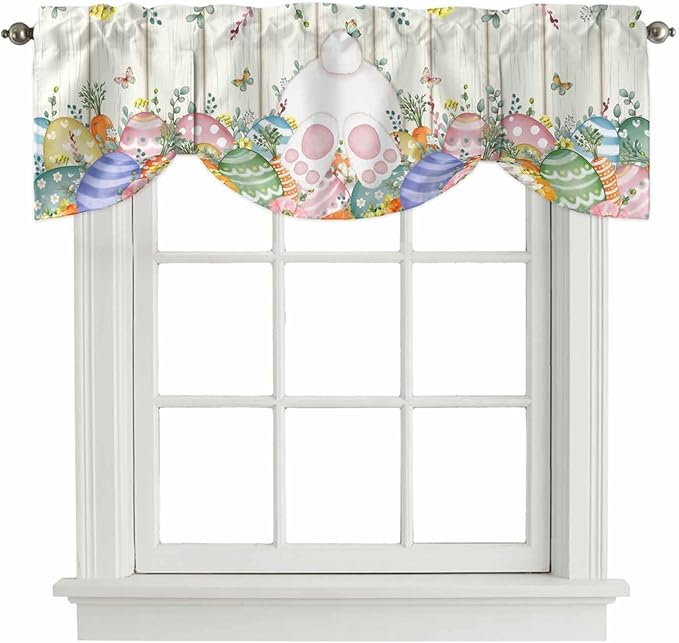 Easter Tie Up Valance Curtains for Windows, Kitchen Curtains Window Shades, Spring Rabbit Ears Foot Colorful Eggs Leaf Floral Light Filtering Roman Curtain Valances for Bedroom/Bathroom/Cafe 60"x18"