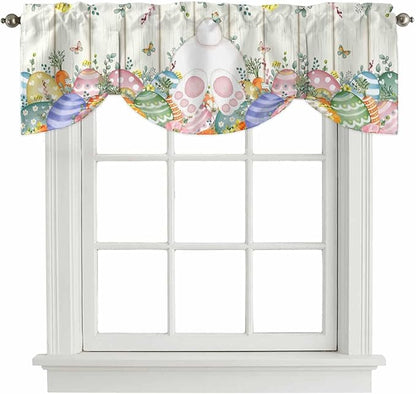 Easter Tie Up Valance Curtains for Windows, Kitchen Curtains Window Shades, Spring Rabbit Ears Foot Colorful Eggs Leaf Floral Light Filtering Roman Curtain Valances for Bedroom/Bathroom/Cafe 42"x12"