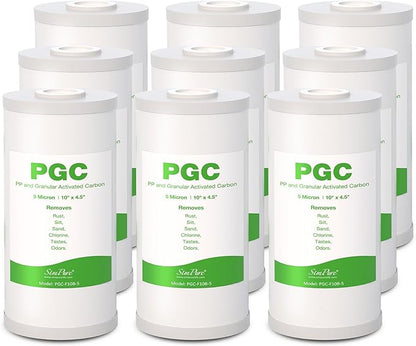 SimPure 5 Micron 10" x 4.5" Sediment and Carbon Whole House Water Filters, PGC Replacement Cartridge for GE FXHTC, GXWH40L, RFC-BB / 155141-43, WRC25HD, WDGD-5005, W10-PR, W15-PR, 9 Pack