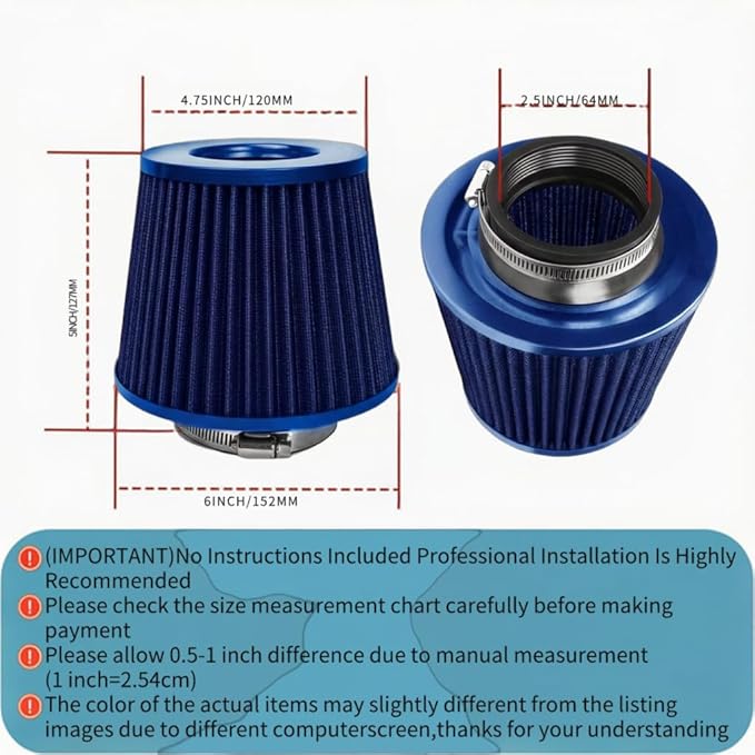 Universal Clamp-On Air Intake Filter, High Performance, Washable Filter, Replacement Air Filter, Flange Diameter 2.5inch/64mm (Blue)