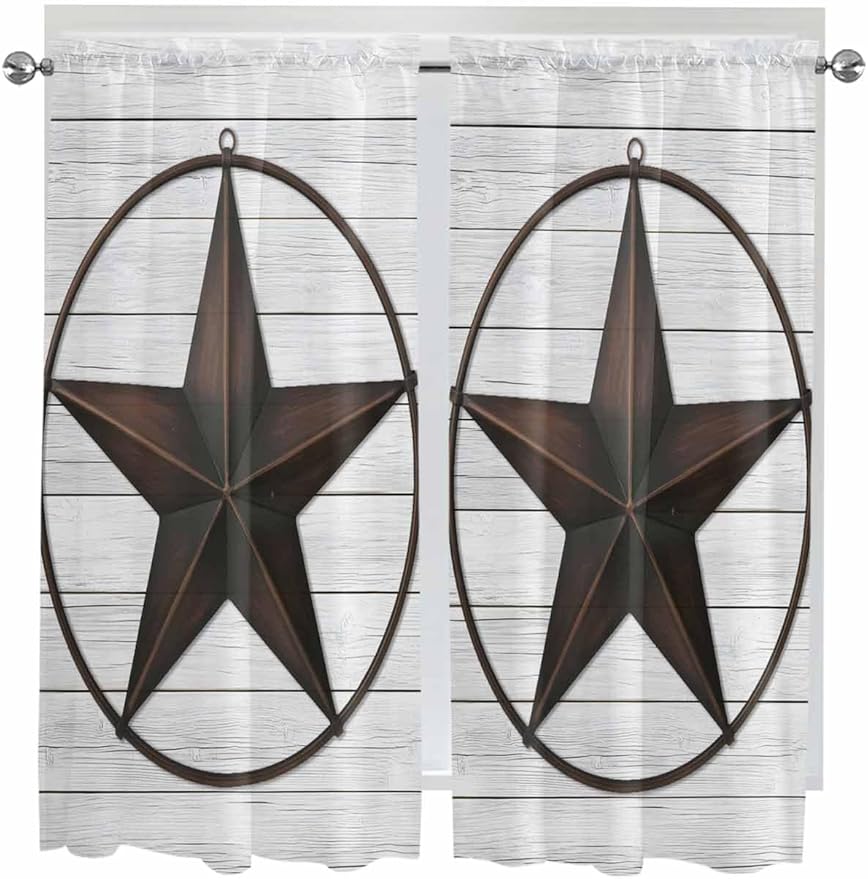 Vintage Farm Western Star Window Valance Curtains, White Wood Grain Light Filtering Kitchen Valance with 3-inch Rod Pocket for Living Room Bathroom Bedroom,2 Panel,52x72In