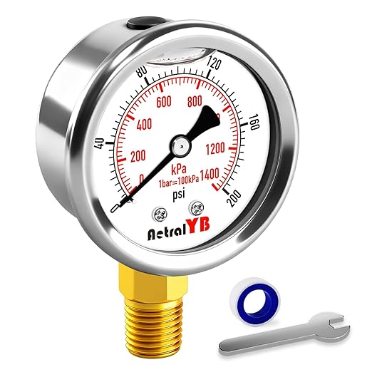 0-200 Psi 2-Inch Waterproof Pressure Gauge, Liquid-Filled, 1/4" NPT Lower Mount, Stainless Steel, Pressure Gauge for Water Pumps, Oil Systems, Pneumatic Air, and Pool Sand Filters