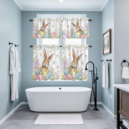 Kitchen Curtains Tiers and Valance Set of 3, Easter Light Filtering Window Curtain Set, Spring Rabbit Colorful Eggs Budding Florals Leaf Rod Pocket Curtain Drapes for Living Room, 24 Inches Tiers
