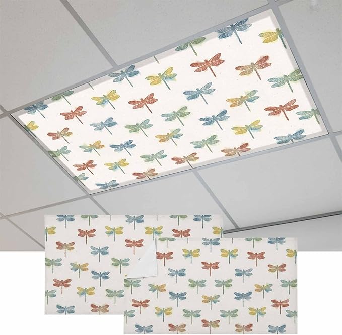 Fluorescent Light Covers for Ceiling Lights Watercolor Dragonfly Magnetic Light Filters 2 Pack 4x2 ft Colorful Linen Ceiling Lights Cover for Classroom Office School Home Drop Lamp Decor