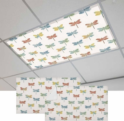 Fluorescent Light Covers for Ceiling Lights Watercolor Dragonfly Magnetic Light Filters 2 Pack 4x2 ft Colorful Linen Ceiling Lights Cover for Classroom Office School Home Drop Lamp Decor