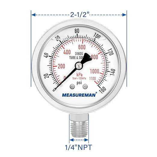 MEASUREMAN Fully Stainless Steel Hydraulic Glycerin Filled Pressure Gauge, 2-1/2" Dial Size,0-160psi/kpa,1/4" NPT Lower Mount
