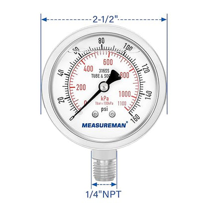MEASUREMAN Fully Stainless Steel Hydraulic Glycerin Filled Pressure Gauge, 2-1/2" Dial Size,0-160psi/kpa,1/4" NPT Lower Mount