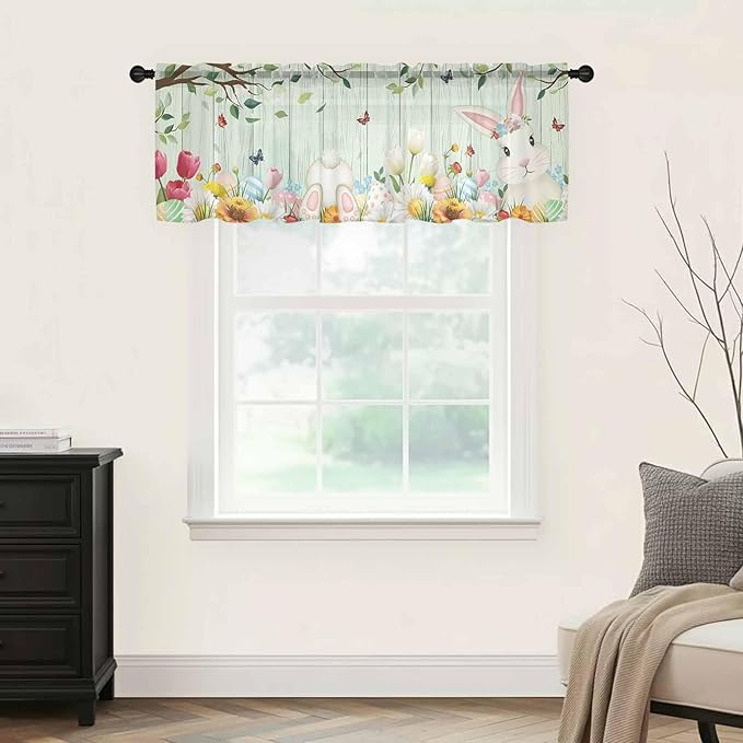 Easter Sheer Valances for Windows 60"x18", Light Filtering Kitchen Curtains Valance, Spring Watercolor Bunny Eggs Tulip Wooden Grain Teal Rod Pocket Chiffon Curtains for Living Room Bedroom Cafe