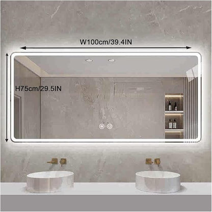 Smart Illuminated LED Bathroom Mirror，Bathroom Mirror with LED Lights，Energy-Saving LED Smart Mirrors，LED Mirror for Bathroom，with Demister Pad and Smart Touch Switch(H75*W100cm/H29.5*W39.4IN)