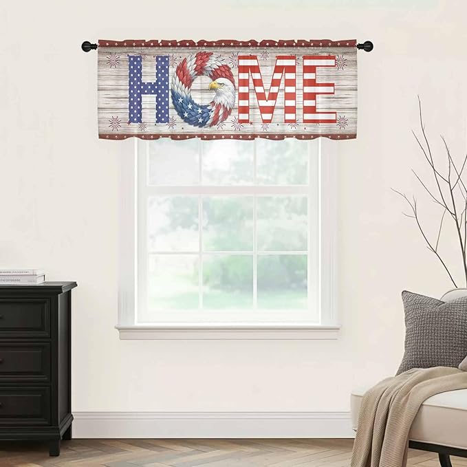 4th of July Sheer Valances for Windows 60"x18", Light Filtering Kitchen Curtains Valance, Stars Striped Farmhouse American Flag Wood Grain Rod Pocket Chiffon Curtains for Living Room Bedroom Cafe