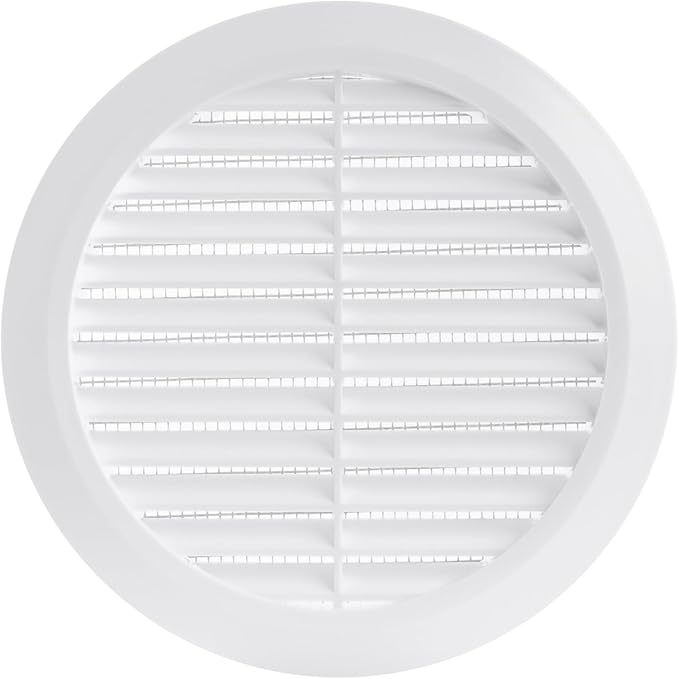 White 5" Inch Round Ventilation Grille with Screen mesh. (Duct 5Ø / Grille 6Ø) Ventilation Applications. Indoor and Outdoor Vent Cover. Available 3 Sizes / 4 Colors.