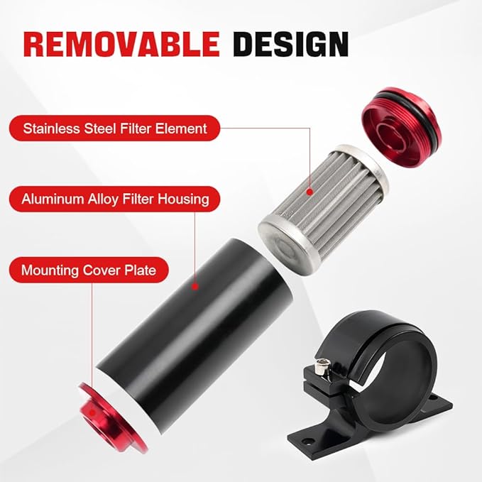 BARTOO 100 Micron Inline Fuel Filter with 6AN 8AN 10AN Adapter and 50MM Mounting Bracket For Filtering Gasoline, Diesel, E85(Red)