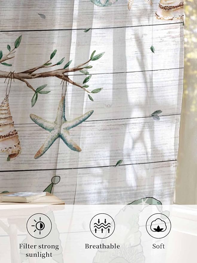 Sheer Curtains 72 Inches Long, Sage Green Gnomes Semi Sheer Curtains Light Filtering Window Treatment, Eucalypus Coastal Anchor Retro Wood Privacy Voile Drapes for Living Room Bedroom 52x72 Inch