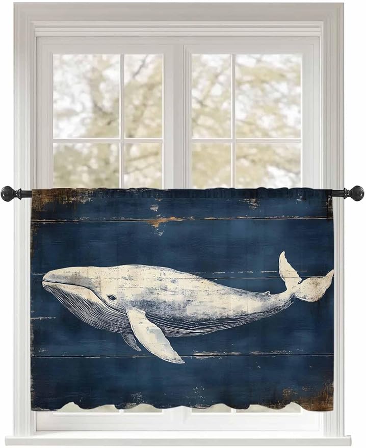 Sheer Curtains 45 Inch Length, Ocean Vintage Whale Semi Sheer Curtains Light Filtering Window Treatment, Summer Retro Wood Grain Privacy Voile Drapes for Living Room Bedroom 52x45 Inch