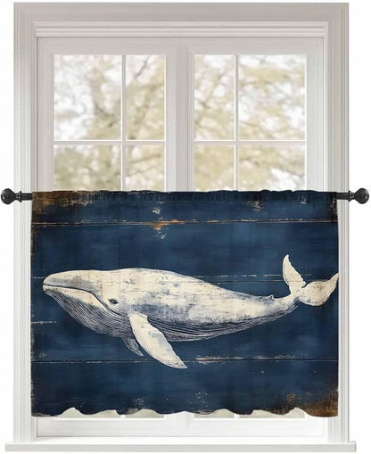 Sheer Curtains 45 Inch Length, Ocean Vintage Whale Semi Sheer Curtains Light Filtering Window Treatment, Summer Retro Wood Grain Privacy Voile Drapes for Living Room Bedroom 52x45 Inch