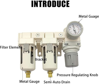 YSIL 1/2" NPT Air Filter Dryer Double Air Filters Compressor Water Separator Pressure Regulator Combo 5 Micron Brass Element(Semi-Auto Drain)