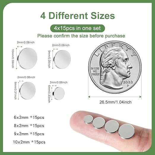 rhinocats 60Pcs Small Magnets, Mini Variety Magnets for 3D Printing,4 Different Sizes, Multi-Use for Miniatures, DIY, Office, Hobbies, Crafts and Science