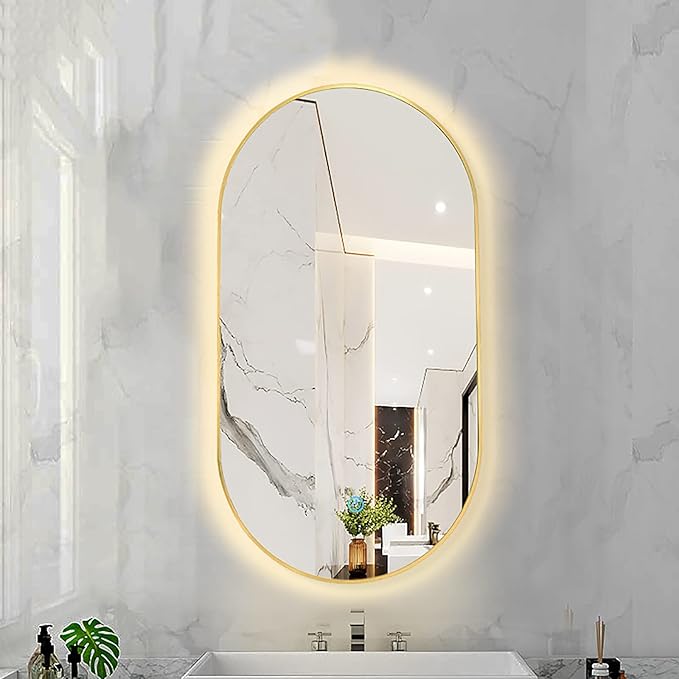 Oval LED Illuminated Bathroom Mirror, Wall-mounted Vanity Makeup Mirror with Demister Pad, 3 Dimmable Color Temperatures & Touch Control, Metal Frame Anti-Fog Lighted Wall Mirror ( Color : Golden Fram