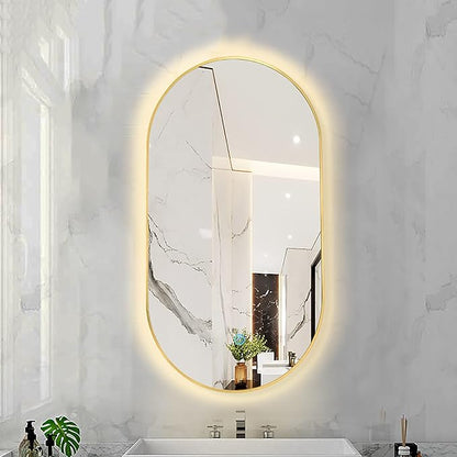 Oval LED Illuminated Bathroom Mirror, Wall-mounted Vanity Makeup Mirror with Demister Pad, 3 Dimmable Color Temperatures & Touch Control, Metal Frame Anti-Fog Lighted Wall Mirror ( Color : Golden Fram