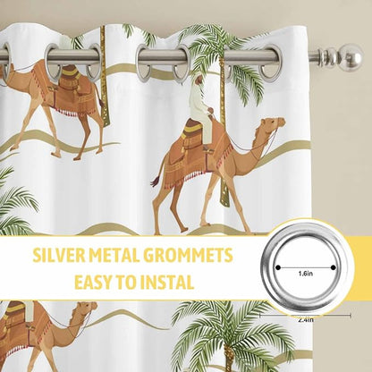 2 Panel Kitchen Cafe Curtains, Desert Camels Sunlight Filtering Nature Air Through, Home Decor Window Covering Tier Curtains for Bedroom Living Room 104W x 84L inch Tropical Date Palm Trees Animal