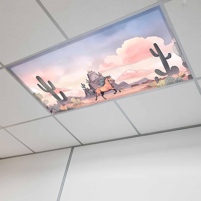 Fluorescent Light Covers for Drop Ceiling Watercolor Running Horse Cactus Magnetic Light Filters, Desert Hill Ombre Sky Ceiling Shade Filters for Home Classroom Office,2x4 ft,1Pack