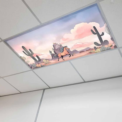 Fluorescent Light Covers for Drop Ceiling Watercolor Running Horse Cactus Magnetic Light Filters, Desert Hill Ombre Sky Ceiling Shade Filters for Home Classroom Office,2x4 ft,1Pack