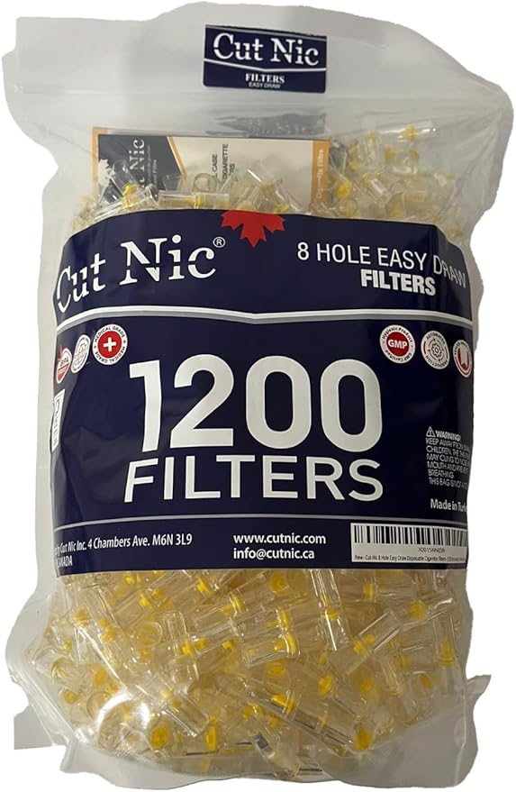 Cut-Nic 8 Hole Easy Draw Disposable Cigarette Filters - (1200 Filters) Including 4 Travel Cases