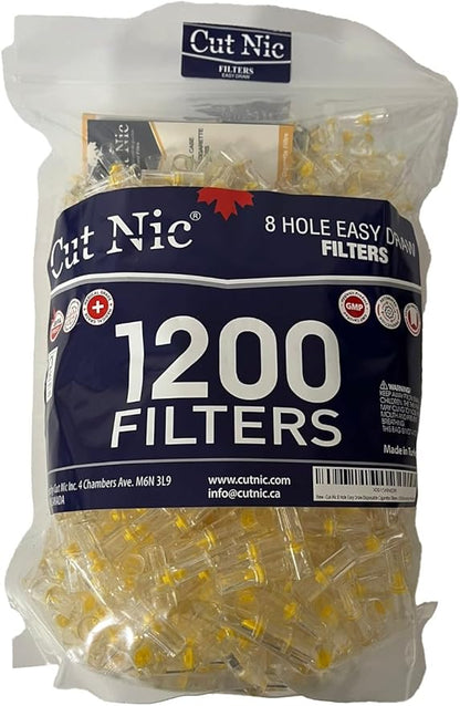 Cut-Nic 8 Hole Easy Draw Disposable Cigarette Filters - (1200 Filters) Including 4 Travel Cases