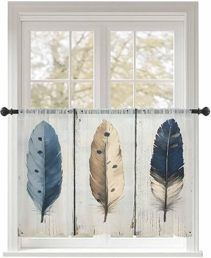 Sheer Curtains 45 Inch Length, Farmhouse Feather Semi Sheer Curtains Light Filtering Window Treatment, Watercolor Vintage Wooden Grain Privacy Voile Drapes for Living Room Bedroom 52x45 Inch