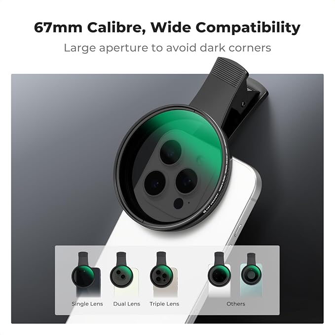 K&F CONCEPT 67mm Clip-on ND2-32 Phone Camera Lens Filter Kit, Multi-Coated Variable Neutral Density Light Reduction Filter Compatible with iPhone 16 15 14 13 12 11 and Other Smart Phone