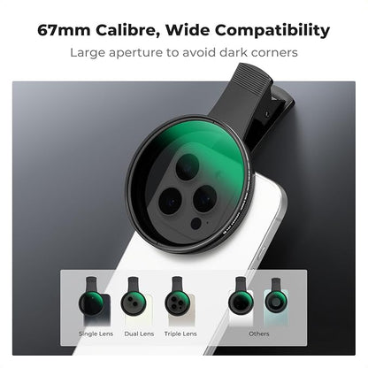 K&F CONCEPT 67mm Clip-on ND2-32 Phone Camera Lens Filter Kit, Multi-Coated Variable Neutral Density Light Reduction Filter Compatible with iPhone 16 15 14 13 12 11 and Other Smart Phone