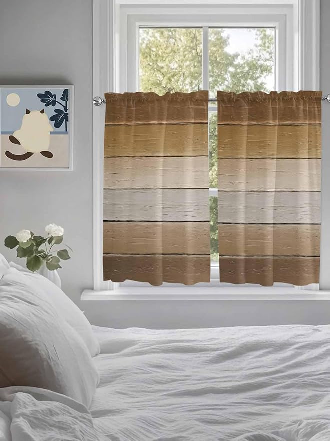 Vintage Brown Gradient Wood Grain Window Valance Curtains, Farmhouse Wood Barn Light Filtering Kitchen Valance with 3-inch Rod Pocket for Living Room Bathroom Bedroom,2 Panel,42x54In