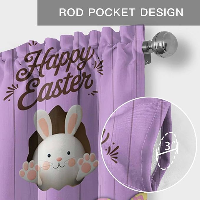 Purple Easter Curtain Valances for Windows, Kitchen Valance Window Treatment, Spring Cartoon Bunny Colorful Eggs Wood Grain Light Filtering Block Curtains for Bathroom/Bedroom/Living Room 60'' x 18''