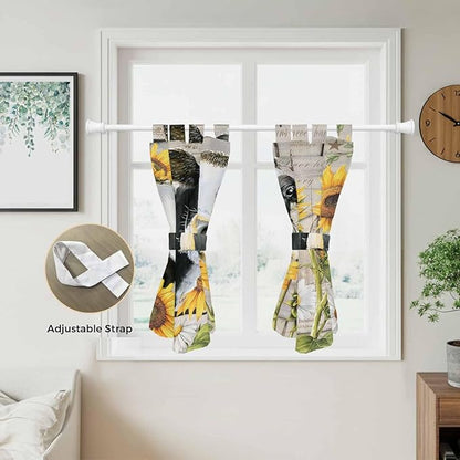 Yellow Sunflowers Bedroom Curtains 63 Inch Length, Window Curtains Tab Top, Farmhouse Cow Barn Doors Floral Butterfly Light Filtering Window Treatments Drapes 42"x63" 2 Panel