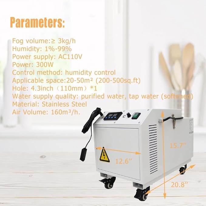 Industrial Ultrasonic Humidifier Cooler Sprayer 3kg/h Portable Continuous Cool Mist Maker Humidifier Commercial with Humidistat and Remote Sensor for Greenhouse Large Room